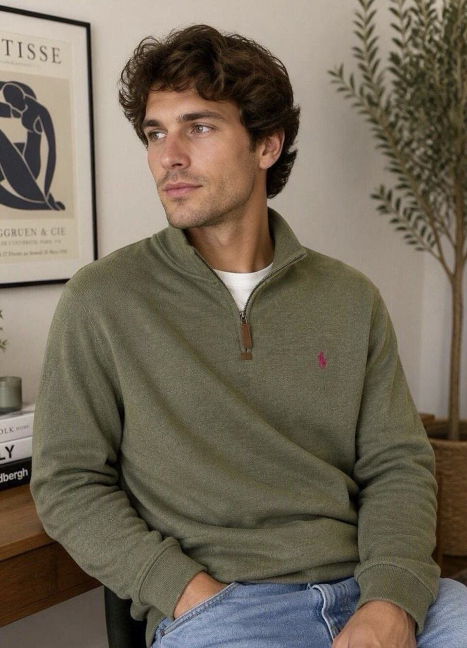 Polo Ralph Lauren Mens XXL Olive Green Quarter Zip Sweater Purple Pony Pullover